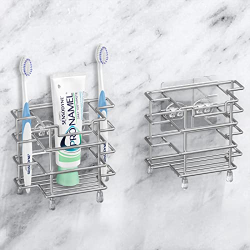 Linkidea 2 Pack Toothbrush Holders Wall Mounted, 3 Slots Bathroom Shower Toothbrush Organizer Stand, Stainless Steel Ventilated Countertop Rack For Electric Toothbrush, Toothpaste (Brushed Nickel) #TOP20