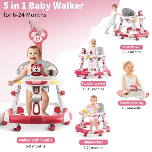 Baby Walkers, 5-in-1 Multifunctional, Height Adjustable, Foldable, Activity Center with Wheels &Music &Toys Tray, Infant Toddler Walker for Boys and Girls 6-24 Months(Pink)