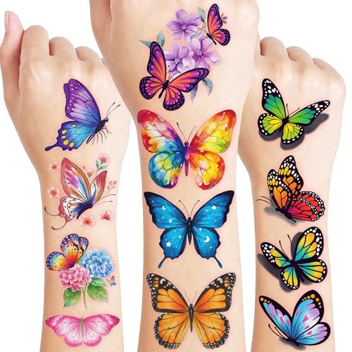 96 PCS Colorful Butterfly Flowers Pre-Cut Temporary Tattoos for K...