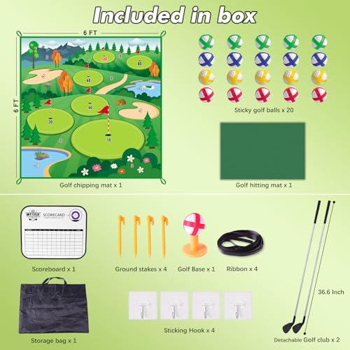 Vatos Golf Abschlagmatte Spiel mit 2 Clubs, 70 x 70 Golf Praxis Matten Golf Training Matte Indoor Outdoor für Kinder Erwachsene Familie, Golfmatte mit 20 Bälle und 1 Score Board Golf Set