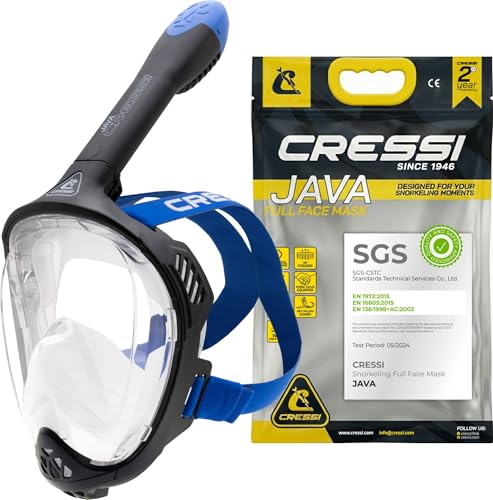 CRESSI Java Full Face Mask Black/Blue L/XL-Vollgesichts Schnorchelmaske, Ultraklare Antibeschlaglinse, 100 % Silikon, Schnorchel Trocken mit Sicherheitsventilen, Schwarz/Blau, L/XL