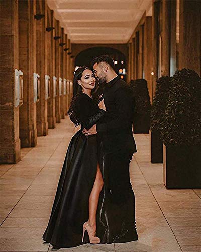 Ll Bridal Long Satin Velvet Prom Dresses V Neck Long Sleeve High Slit Formal Evening Party Gowns Burgundy-8 #TOP2