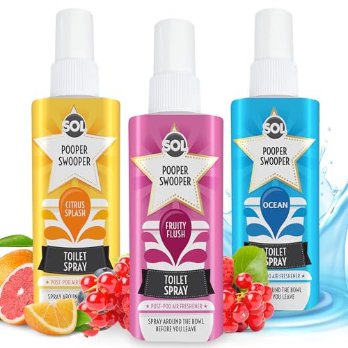 SOL 3pk x 60ml Pooper Swooper Toilet Spray Freshener Citrus, Fruity & Ocean Scent 1,000+ Sprays per Pack, Poop Air Refresher for Public Bathroom, Home, Travel-Friendly Cleaning Solution for Poo Odours