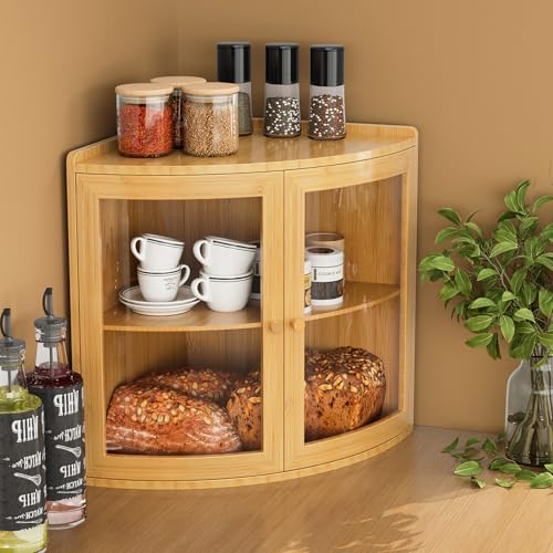 Trironsun Fan Shape Corner Bread Box for Kitchen Counter Double Layer Large Bread Storage Container with Acrylic Doors Farmhouse Wooden Bread Box Organizer for Homemade Bread (Natural Bamboo) by Trironsun - Image 3