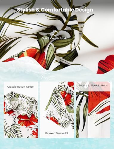 Image of PATPAT Hawaiian Shirts for Family - Dad & Son Tropical Floral Print Short Sleeve Cruise Shirts - Red Flower - Men's XL