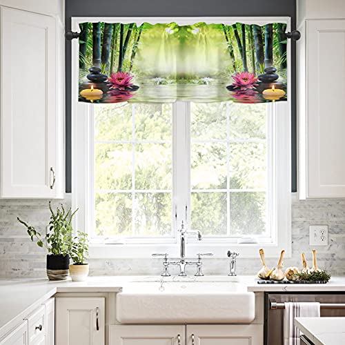 Yokou Curtain Valance, Zen Water Lily Flower Bamboos Stone Candle Green Short Rod Pocket Window Treatment For Living Room, Bedroom, Kitchen, Bathroom, 1 Panel, 54" W X 18" L #TOP1
