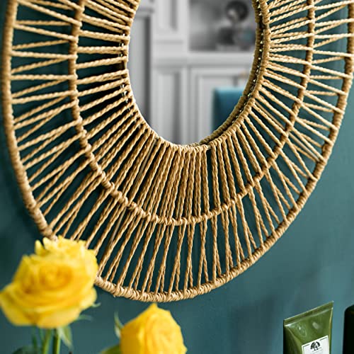 Vintiquewise Decorative Woven Paper Rope Round Shape Bamboo Wood Modern Hanging Wall Mirror #TOP3