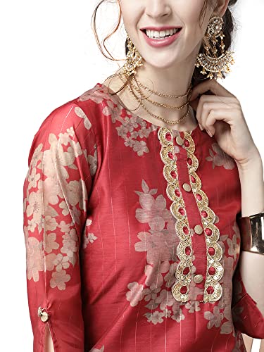 Image of INDO ERA Women's Poly Chanderi Printed Straight Kurta Sharara With Dupatta Set(21AAA2370)