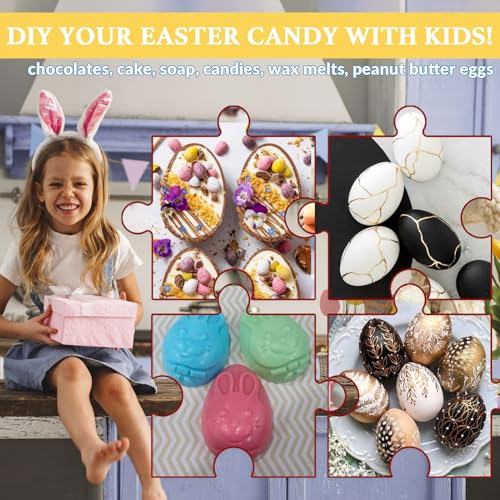 Image of Egg Shape Silicone Molds 3.5 Inch, 2-Pack Chocolate Baking Holiday Easter Mould, Non-Stick BPA Free, Kid-Friendly Soap Mold Rabbit & Floral Designs, Blue & Pink