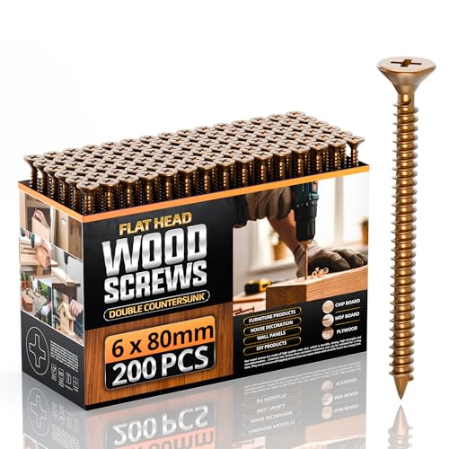 Multi Purpose Flat Head Wood Screws, 6 x 80mm 200pcs, Zinc Galvanized Single Thread Wood Screws Kit, Self Tapping Assortment Ideal for Diy,Furniture Fix, and Repairs