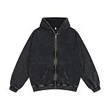 BINTEHGS Basic Oversized Vintage Zip Up Hoodie for Women Baggy Acid Wash Jacket Y2k Retro Grunge Zipper Sweatshirts Loose Fit(Black,L)