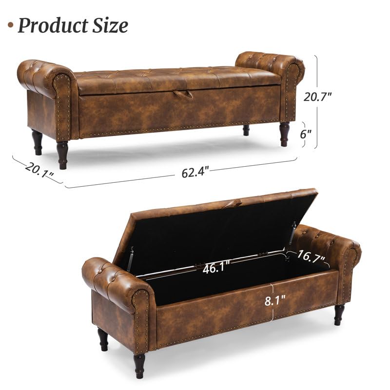 Image of 3-Seater Upholstered Ottoman Bench with Storage | Caramel |62.4 x 20.1 x 20.7 Inch| Elegant Multi-Purpose with 6-Inch Wooden Legs for Living Room, Bedroom, Entryway