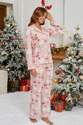 Image of LUBOT Christmas Pajamas for Women 100% Cotton Pajama 2 Piece PJ Set Soft Long Sleeve Button Xmas Print Loungewear XS-XXL