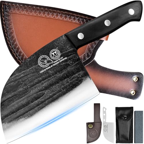 XYJ 6 Zoll serbische Kochmesser mit Scheide, handgefertigt geschmiedet Outdoor Camping Küche Metzger Messer, Gemüse Kochen Fleisch Hackmesser Weihnachtsgeschenke für Frauen Männer Geschenke