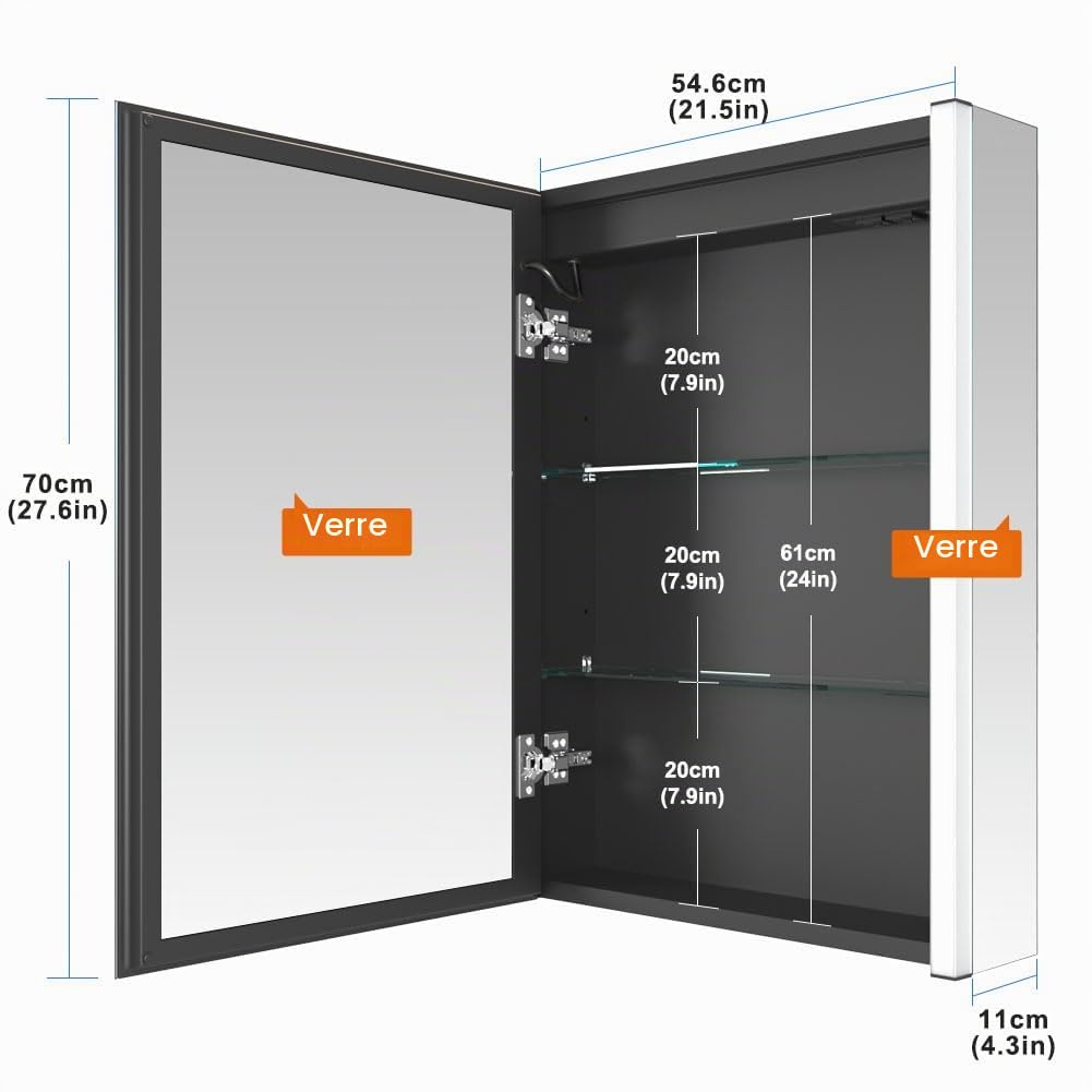 KWW LED éclairage Salle de Bains Armoire à Pharmacie avec Miroir, Température de Couleur réGlable, Anti - Buée Gradateur, Prise et USB, Armoire à Pharmacie Miroir Mural (Charnière gauche-55×70)