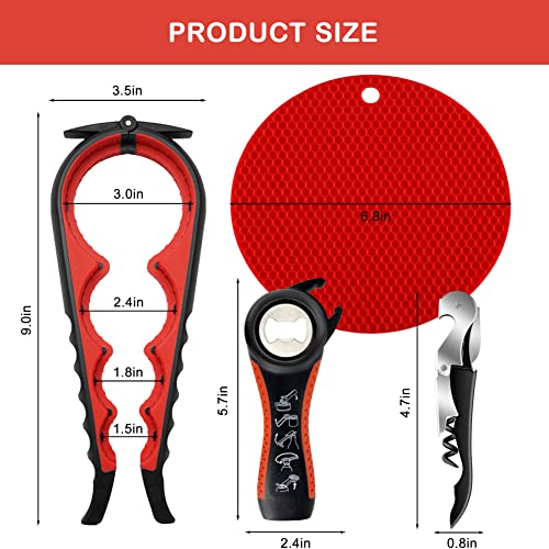 Jar Opener For Weak Hands, Seniors With Arthritis, 5 In 1 Multi Function Bottle Opener Lid Opener For Arthritic Hands With Non Slip Rubber Jar Opener Gripper Pad And Corkscrew Wine Opener(Red) #TOP6