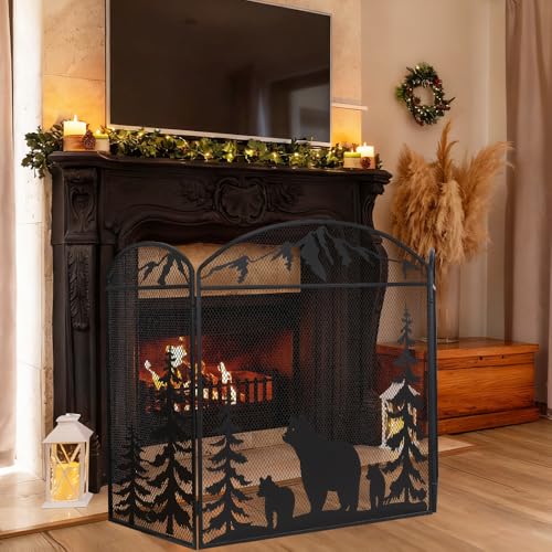 Image of Hogardeck 48 inch x 30 inch Fireplace Screen, 3 Panel Fire Place Cover for Living Room, Christmas Decoration Gate with Polar Bear for Brick Fireplace, Baby Proof, Pet Safety