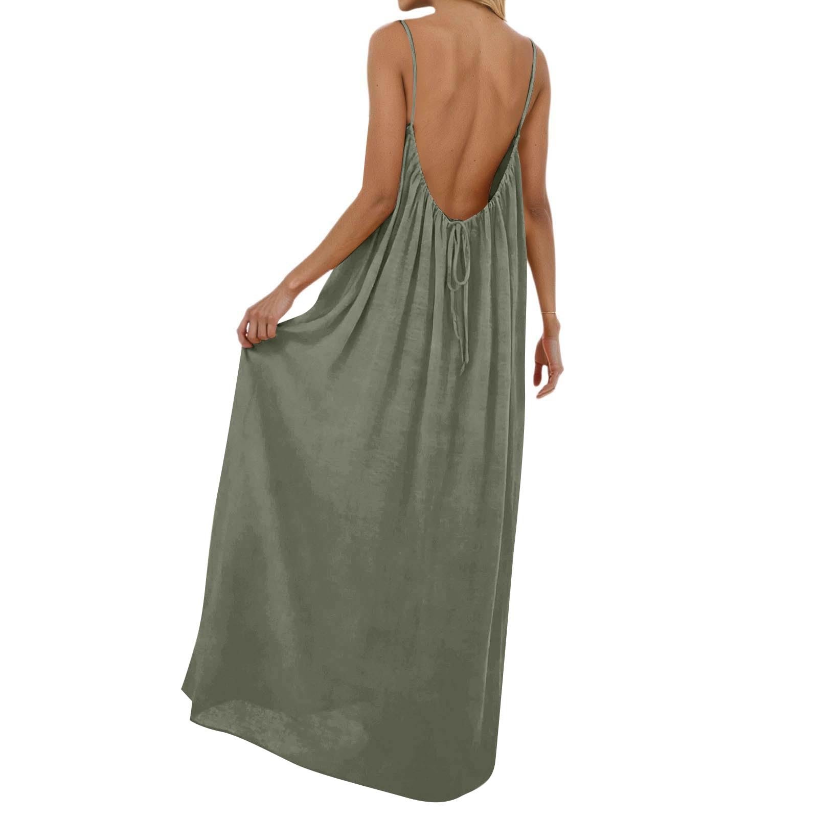 Backless Cami Dress for Women Sleeveless Spaghetti Strap Maxi Dresses Summer Casual Beach Vacation Long Sundresses