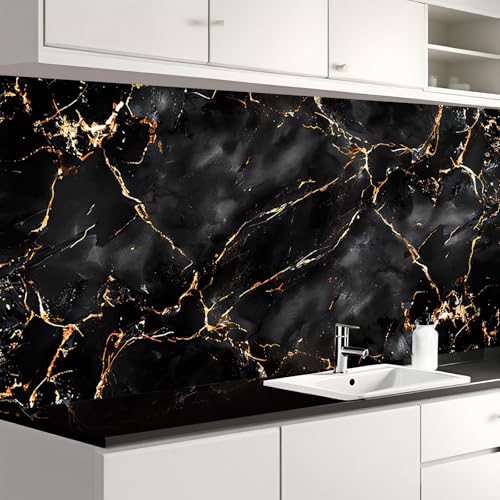 Image of Nuxovilar Black Gold Marble Wallpaper Peel Stick Vinyl 15.75x39.37 | Stone Wrap, Liners, adhesive wallpaper, countertop contact paper, for bedroom, counter, table (Black Gold)