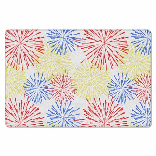 Yellow Red Blue Fireworks Antifatigue Kitchen Bath Door Mat Cushioned Runner Rug,Washable Welcome Floor Sink Mat,Waterproof & Non-Slip Kitchen Standing Doormat,Independence Day Freedom White 18