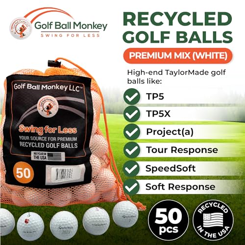 Golf Ball Monkey Recycled Balls for Taylormade Golf Balls Mix 50 Pack- 4A/ Near Mint TP5, TP5X, Project A, Tour Response, Distance Plus, RBZ & Burner Includes Tees & Mesh Bag