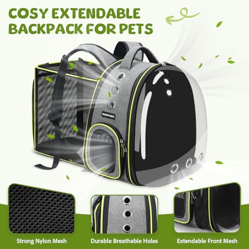 Katzen- und Hundetransportrucksack mit transparentem Fenster und Reißverschluss, erweiterbar, mit Belüftungslöchern und verstellbaren Gurten, für Katzen und kleine Hunde, grau – Bild 3