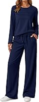 AUTOMET Women's 2 Piece Sweatsuit Set with Wide Leg Pants - Fall Lounge Track Suit for Airport Travel & Casual Outings