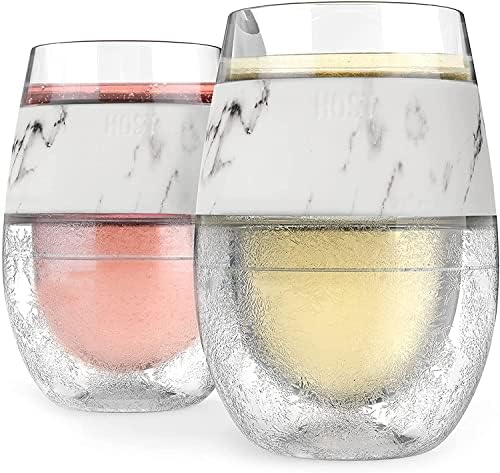 Host Wine Freeze Cup Set of 2 - Plastic Double Wall Insulated Wine Cooling Freezable Drink Vacuum Cup with Freezing Gel, Wine Glasses for Red and White Wine, 8.5 oz Marble - Gift Essentials