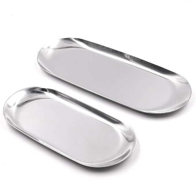 ANZOME 2 Sets Silver Oval Stainless Steel Trinket Tray,Towel Storage Dish Plate Tea Fruit Trays Cosmetics Jewelry Plate  2 Size