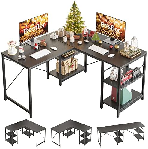 BestierL Shaped Desk with Shelves 86 Inch Reversible Corner Computer Desk or 2 Person Long Table for Home Office Large Gaming Writing Storage Workstation P2 Board with 3 Cable Holes, Black