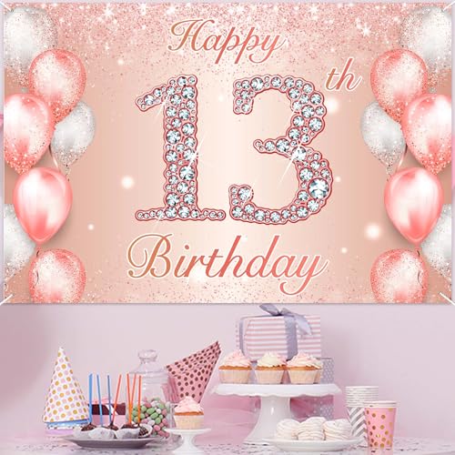 Image of Happy 13th Birthday Rose Gold Banner Cheers to 13 Years Old Backdrop Confetti Balloons Theme Decor for Girls 13 Years Old Pink Birthday Party Decorations Bday Supplies Background Favors Gift Glitter