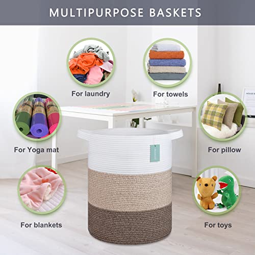 Image of Cotton Rope Blanket Basket, 72L Laundry Hamper, White & Ombre Brown | 16 inchx 22 inch, Large Collapsible Woven Nursery Hamper with Sturdy Handles for Clothes Toys Towels, Bedroom Living Room Bathroom