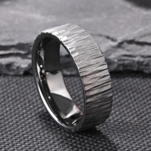 Tungsten Carbide Ring for Men Women 8mm Silvery Hammered Bark Textured Classic Men's Wedding Bands Polished Comfortable Fit Suitable for Party Anniversary4