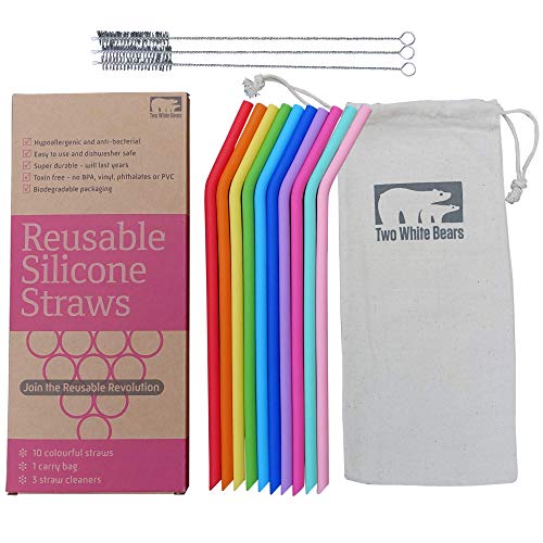 Reusable Drinking Straws 10 Pack - Food Grade Silicone Straw - Cotton Bag + 3 Cleaning Brushes - One Tree Planted Per Purchase - Eco Friendly Alternative to Plastic & Metal Straws. by Two White Bears