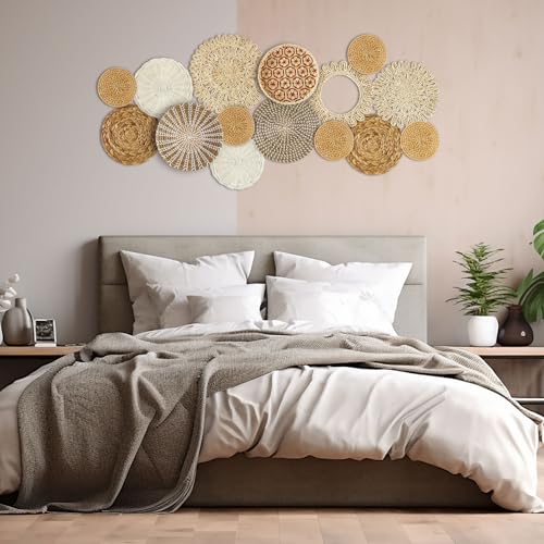 Xuhal 15 Pcs Boho Wall Basket Decor Handcrafted Seagrass Woven Wall Basket Rustic Round Woven Hanging Art for Home Farmhouse Kitchen Table Living Room(Fresh Style) - Image 3