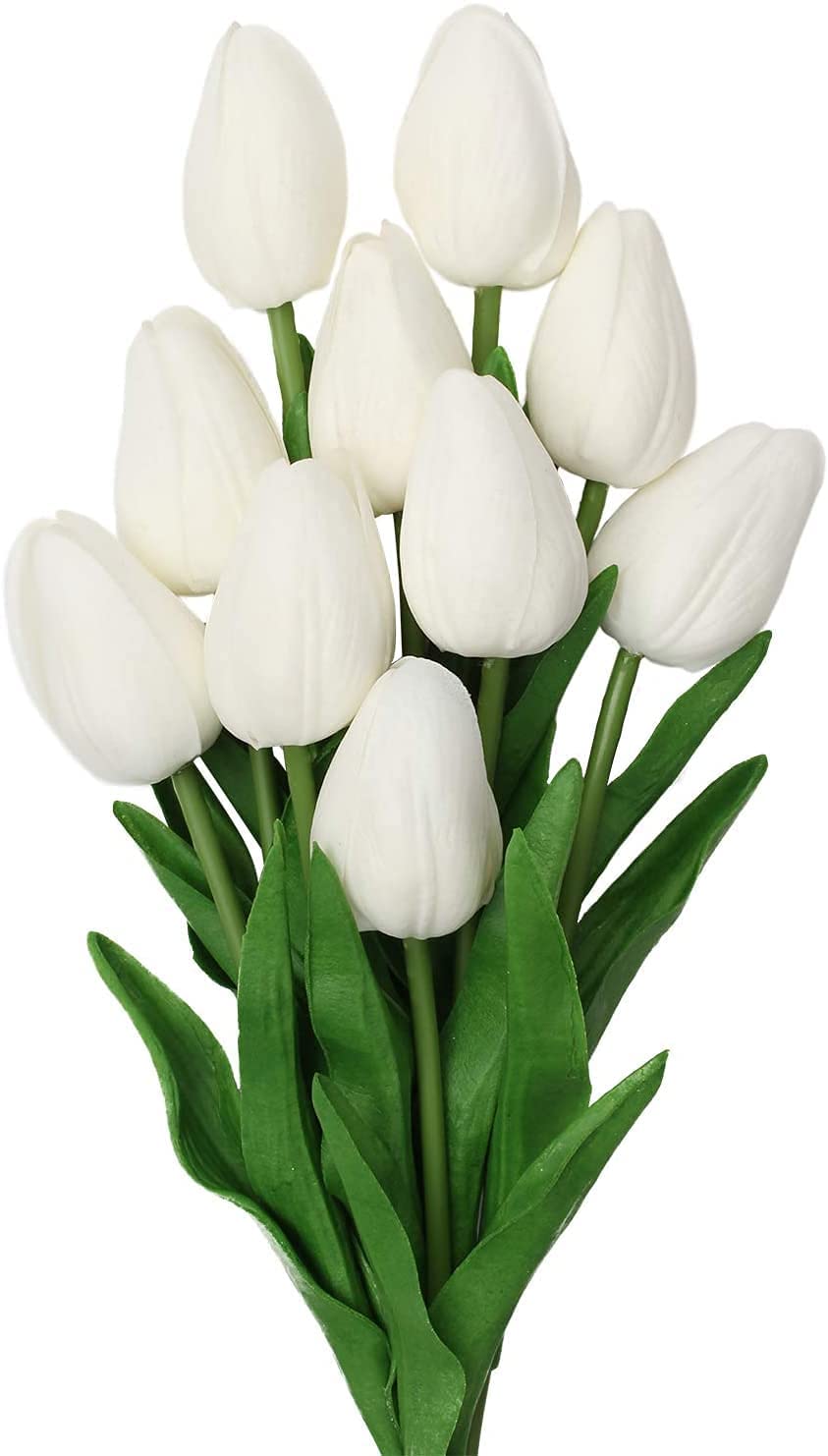 Maston Artificial Flowers,10 Heads Tulips Artificial Flowers Real Touch Tulips Silk Artificial Tulips Flower for Bouquet Room Centerpiece Party Wedding Office Home Decoration(White)