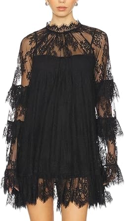 Women Lace See Through Mini Dress Long Sleeve High Neck Ruffle Dresses Sheer Mesh Overlay Short Dress Beach Cover Up