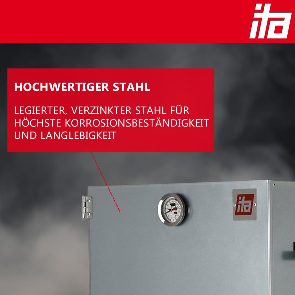 ITA Elektrischer Räucherofen 7001 - Smoker Set mit Heizung, Rauchgenerator - Räucherschrank mit Thermometer - Legierter Stahl - EU Qualität, Direkt vom Hersteller - 81 cm mit 3 Etagen