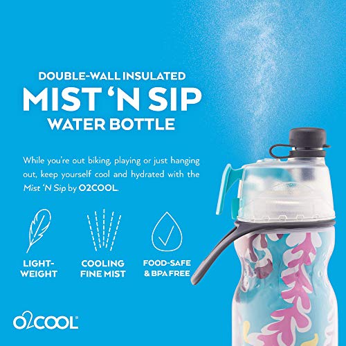 O2Cool Arctic Squeeze Insulated Mist 'N Sip Water Bottle | 2 Pack- 20 Oz | Bpa Free, 2-In-1 Mist And Sip Function W/No Leak Pull Top Spout (Ras Ombre/Tropical) #TOP6