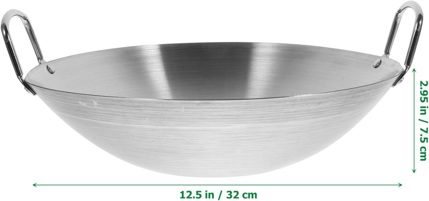 Ciieeo Stainless Steel Round Bottom Wok Double Handle Fry Pan for Cooking Heavy Duty Non-stick Pan for Home Kitchen and Outdoor Use for Sichuan and Dishes