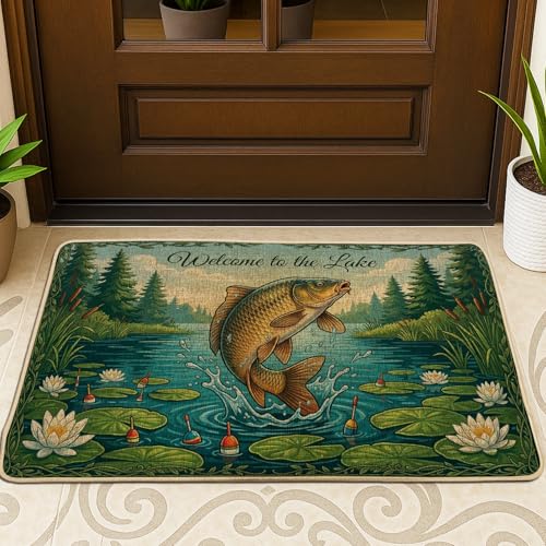 Fußmatte mit Fischmotiv, rustikale Wasserlilien, Fischen, Bobber, Sommer...