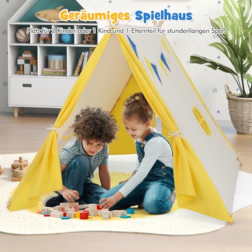 COSTWAY Tipi tent voor kinderen, tipi-kindertent voor binnen, speeltent, katoen en hout met venster en wimpelketting, kindertipitent, speelhuis voor jongens en meisjes, beige - Afbeelding 3