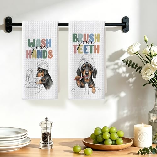 Image of 2 Pcs Funny Dachshund Hand Towel for Bathroom 24x14 Inch, Dachshund Gifts Reusable Dish Cloth Towel, Waffle Weave Hand Towels for Toilet Home Bathroom Decor, Weiner Dog Gifts for Women Mom Friend