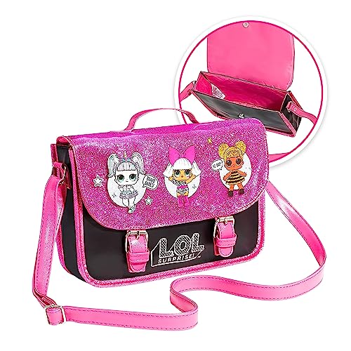 LOL Surprise! Umhängetasche, Handtasche Glitzer mit Einhorn, Diva, & Bienenkönigin, 1 Stück Schwarz und Rosa Handtasche, mit Verstellbarem Riemen & Magnetknopf-Verschluss