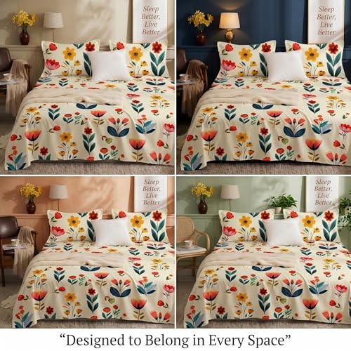 Image of BSB HOME 240 TC Cotton Bedsheet with 2 Pillow Covers, Soft Breathable Floral King Size Flat Bed Sheet - 90 x 100 Inches (228 x 254 cm) (Warm Alabaster)