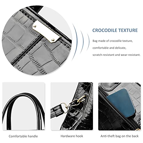 NICOLE & DORIS Handtaschen Damen Mode Krokoprägung Henkeltasche Lackleder Handtasche Shopper Umhängetaschen Damentasche mit Reißverschluss Schwarz