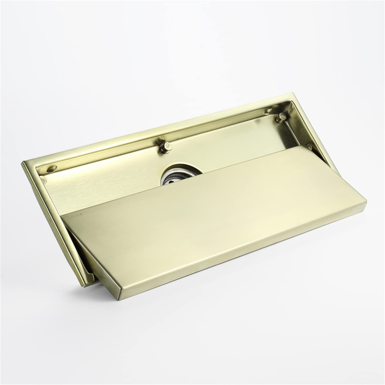 Desagüe de Suelo Invisible Rectangular de 11 x 30 cm, de Acero Inoxidable, con Tapa extraíble y válvula en T, Color Negro (Dorado).