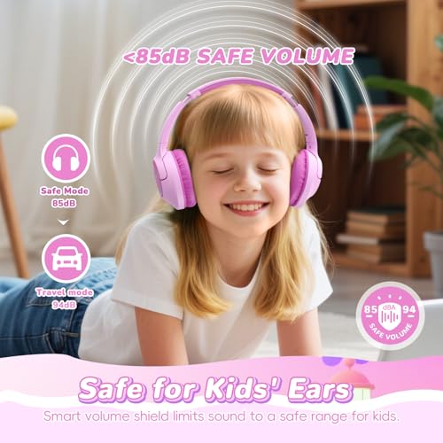 Image of Kids Bluetooth Headphones, 85H Playtime Wireless Headphones for Kids, Colorful LED Lights, 85 /94dB Safe Volume Limit, Bluetooth 5.4 Built-in Mic Toddler Headset for Tablet /Airplane (Fuscia Pink)