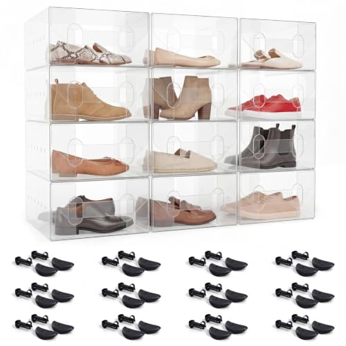 Jiuguva 24 Pcs Shoes Storage Set Plastic, 12 Clear Stackable Shoe Boxes & 12 Adjustable Shoe Trees, 12" x 7.5" x 3.74" Foldable Shoes Boxes Stackable Ventilated for Flats Sneakers