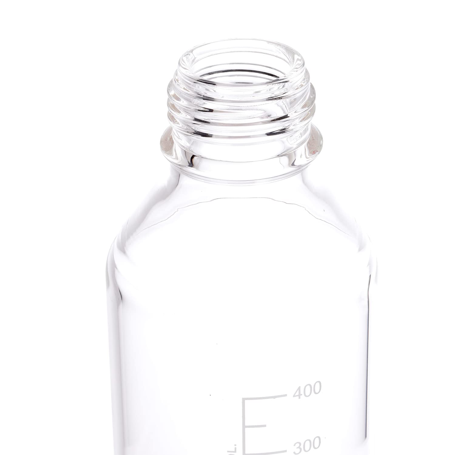 4 botellas de laboratorio redondas graduadas de 500 ml con tapa de rosca roja GL45 PBT, vidrio transparente de borosilicato 3.3